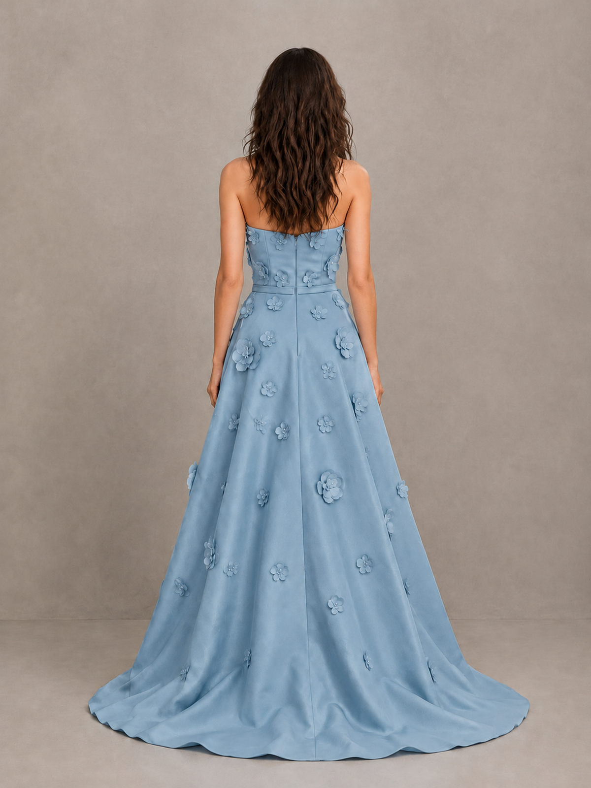 BOLODOO Dusty Blue Strapless 3D Floral Applique Prom Gown with Draped Skirt - Dusty Blue - Dusty Blue (2)