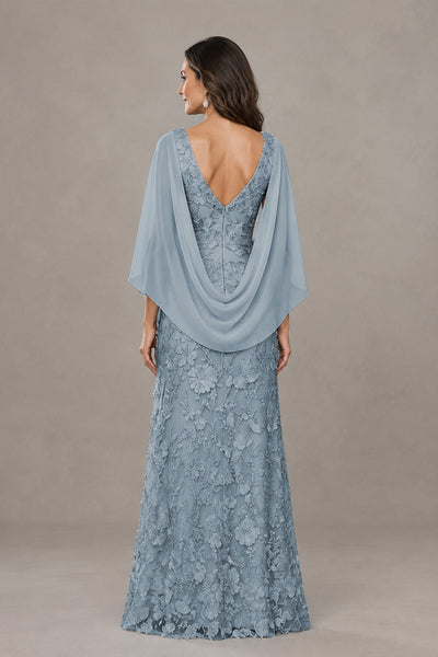BOLODOO Dusty Blue Lace Mother of the Bride Dress with Cape Sleeves - Dusty Blue