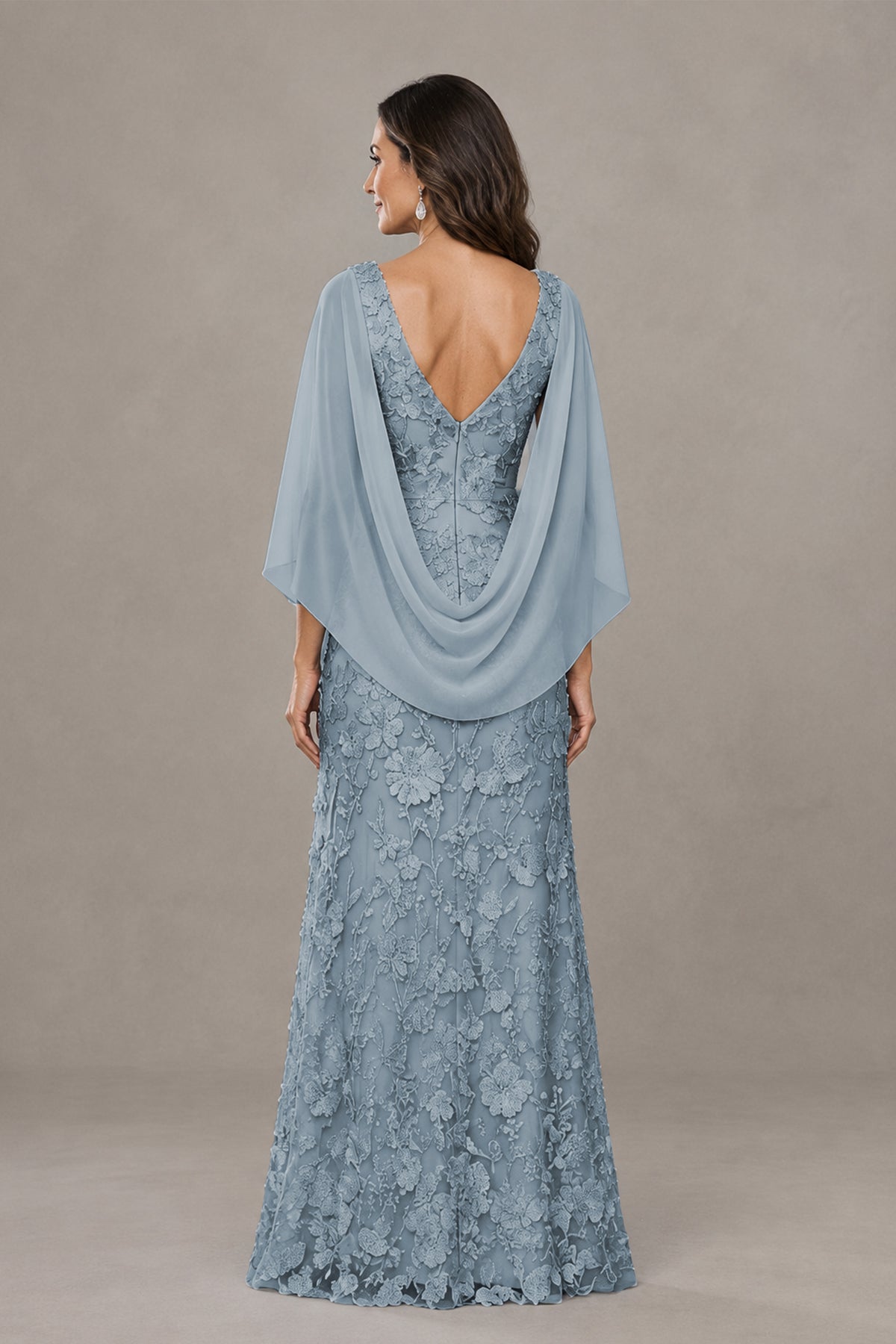BOLODOO Dusty Blue Lace Mother of the Bride Dress with Cape Sleeves - Dusty Blue
