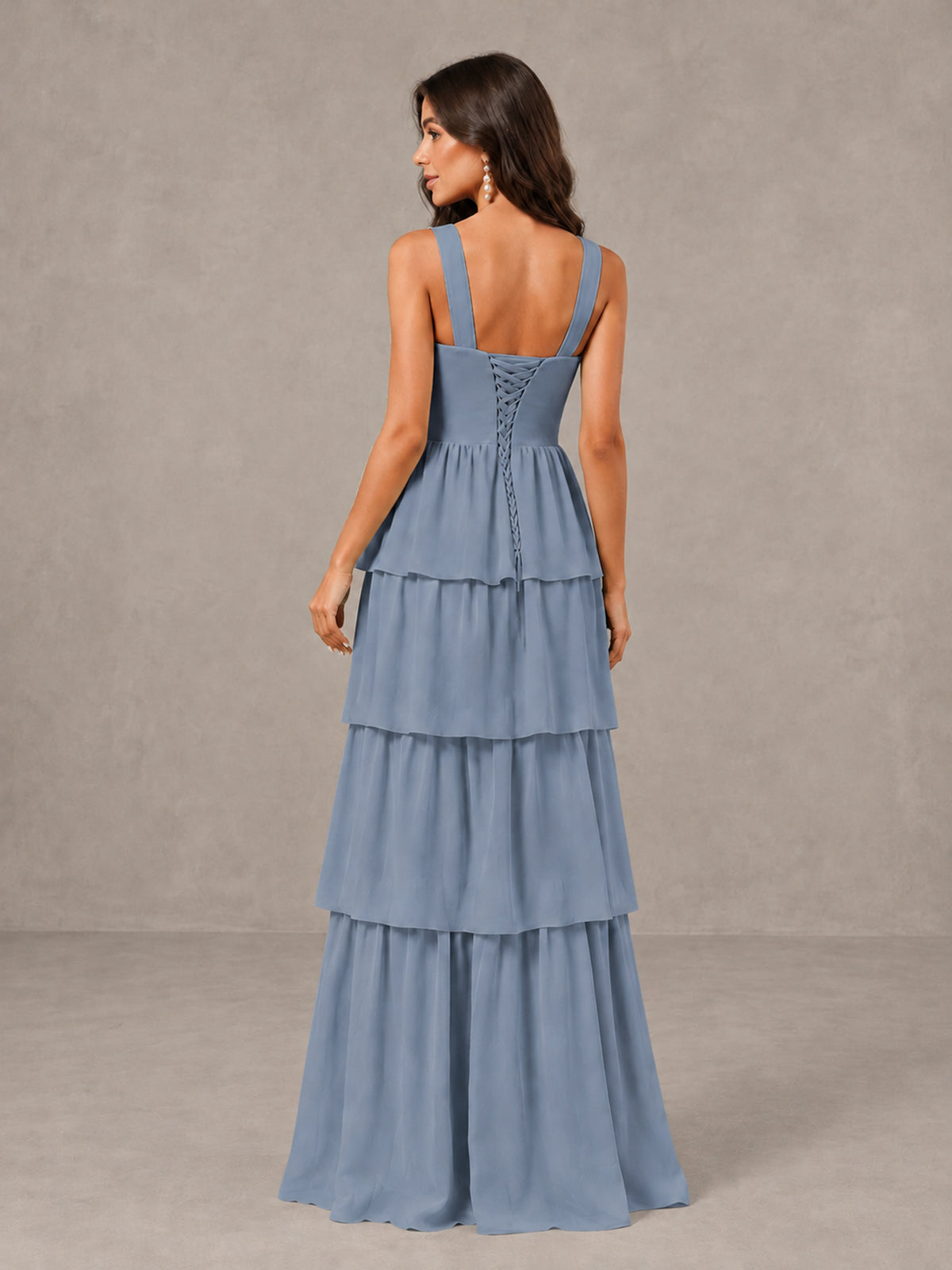 BOLODOO Dusty Blue Square Neck Tiered Bridesmaid Dress with Slit - Dusty Blue - Dusty Blue (2)