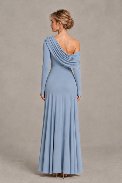 BOLODOO Dusty Blue Asymmetric Draped Long Sleeve Evening Gown - Dusty Blue