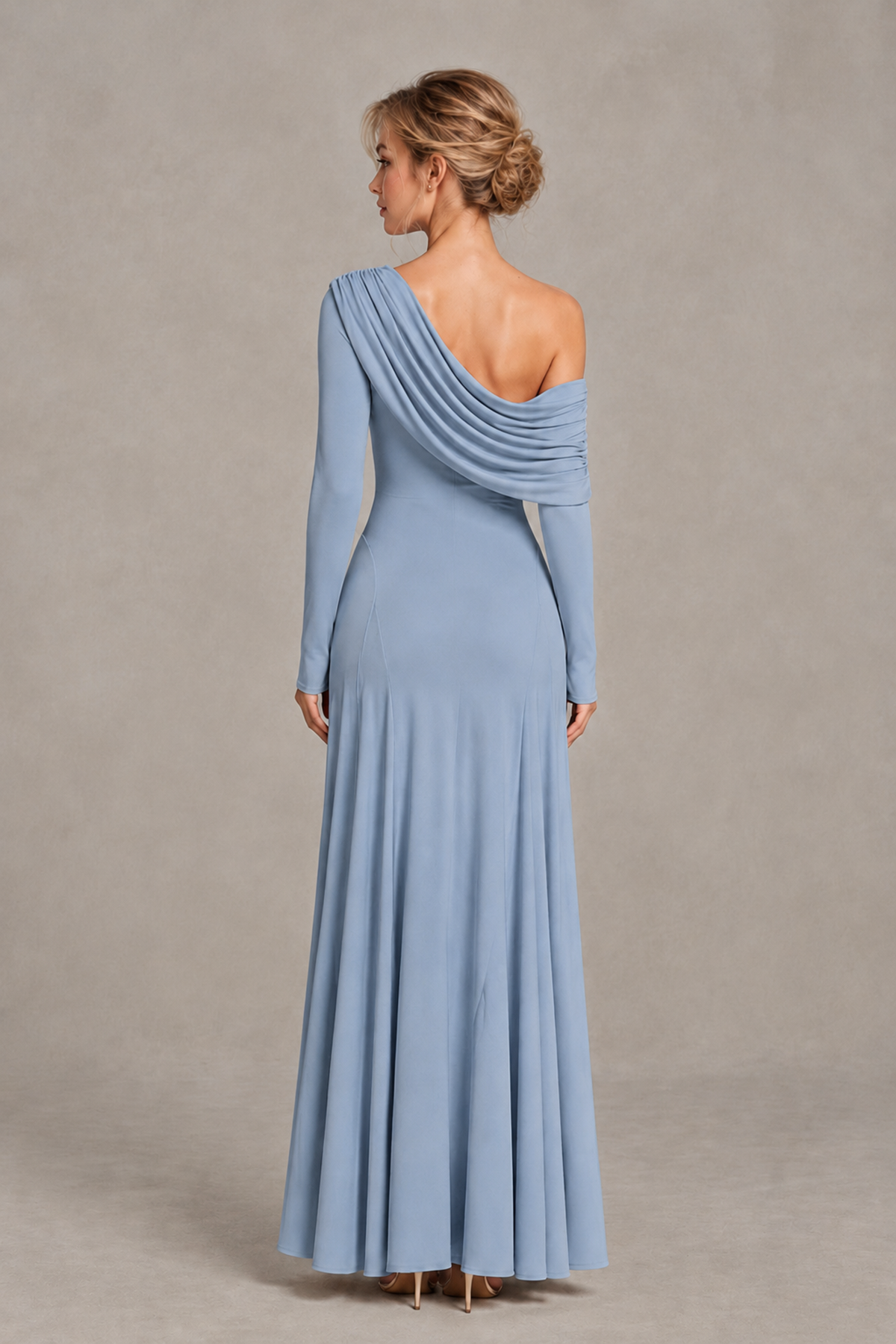 BOLODOO Dusty Blue Asymmetric Draped Long Sleeve Evening Gown - Dusty Blue
