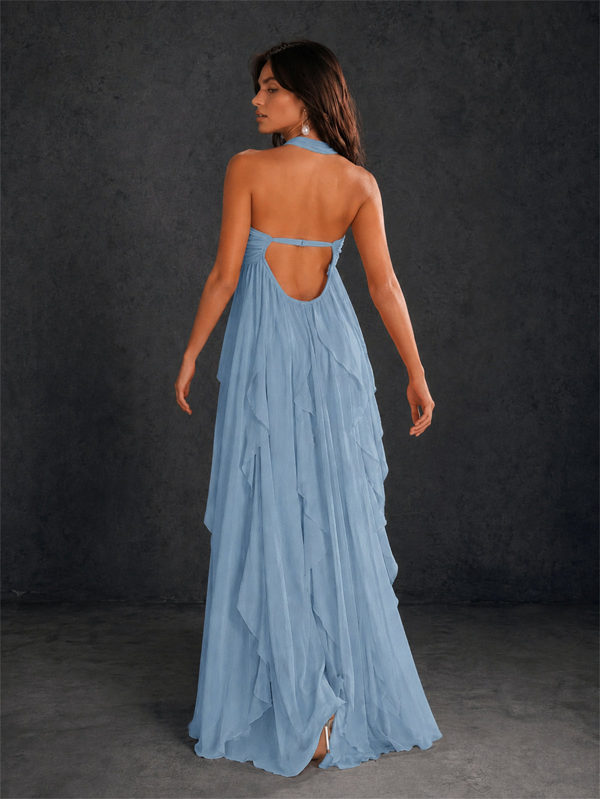 BOLODOO Dusty Blue Halter Neck Cascading Ruffle Chiffon Maxi Dress | Keyhole Open Back - Dusty Blue