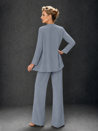 BOLODOO Dusty Blue 3-Piece Mother of the Bride Pant Suit with Beaded Top & Chiffon Jacket - Dusty Blue