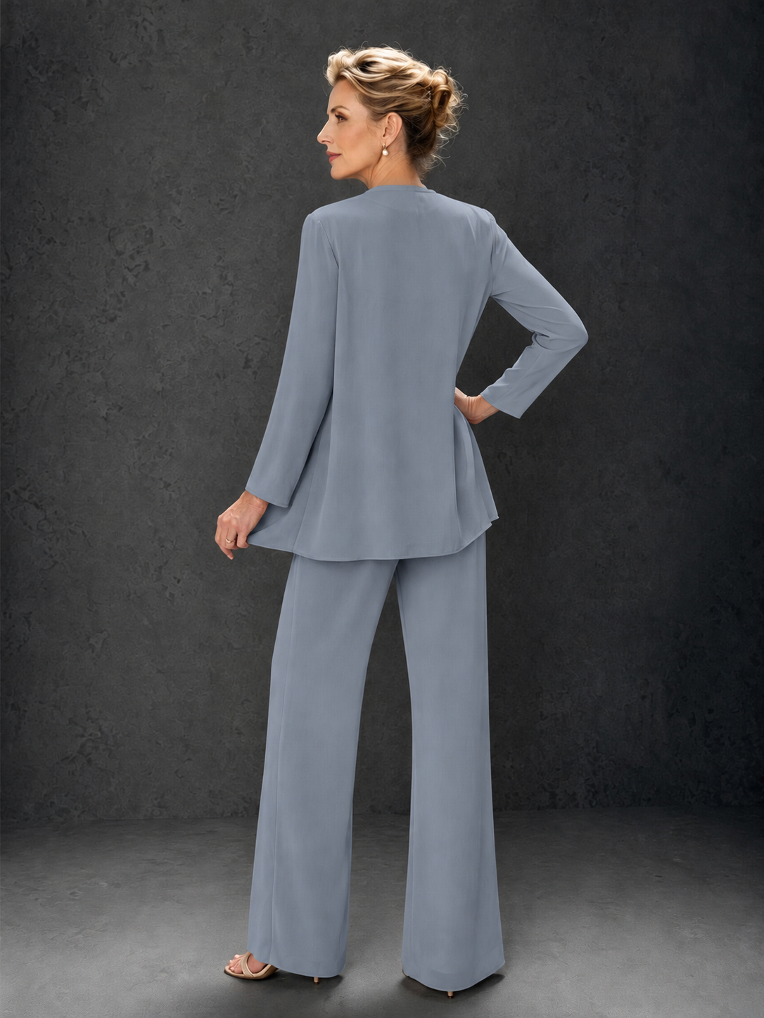 BOLODOO Dusty Blue 3-Piece Mother of the Bride Pant Suit with Beaded Top & Chiffon Jacket - Dusty Blue