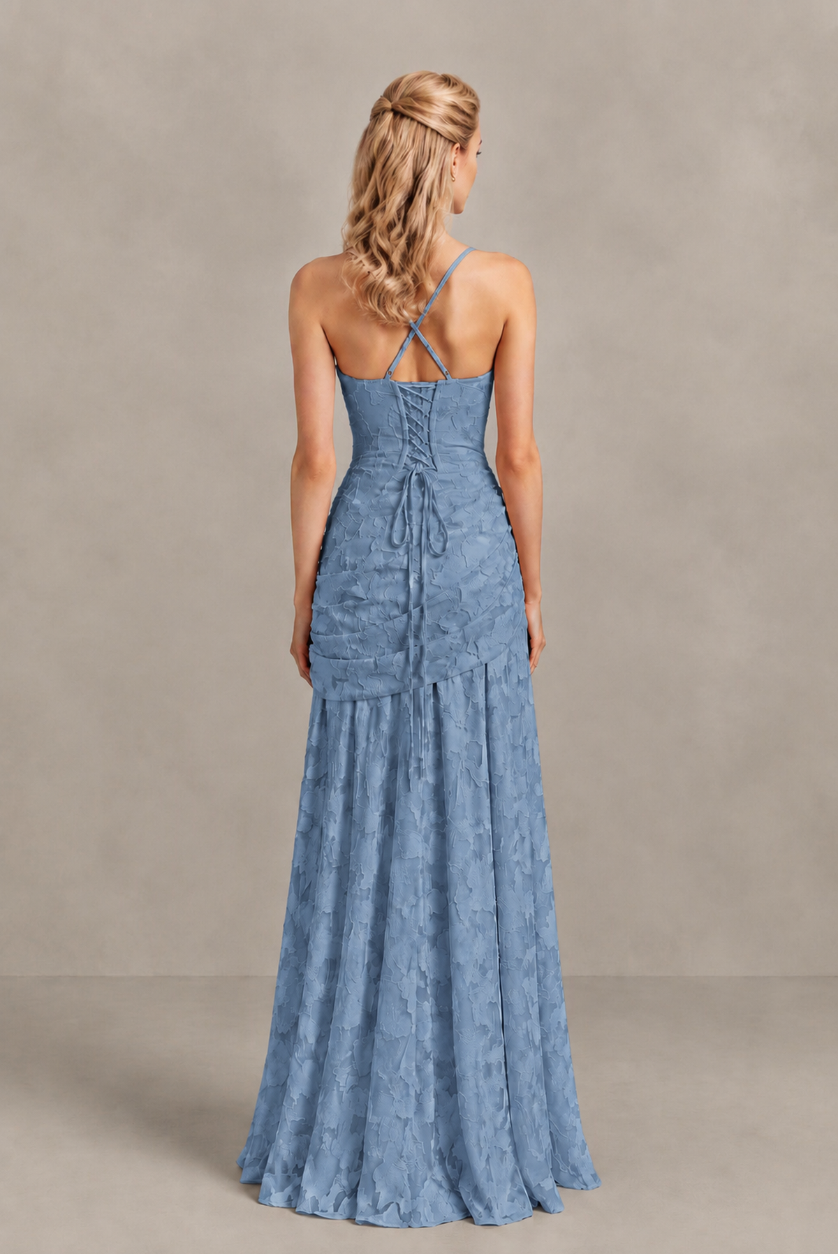 BOLODOO Dusty Blue Ruched Floral Maxi Dress with Lace-Up Back - Dusty Blue