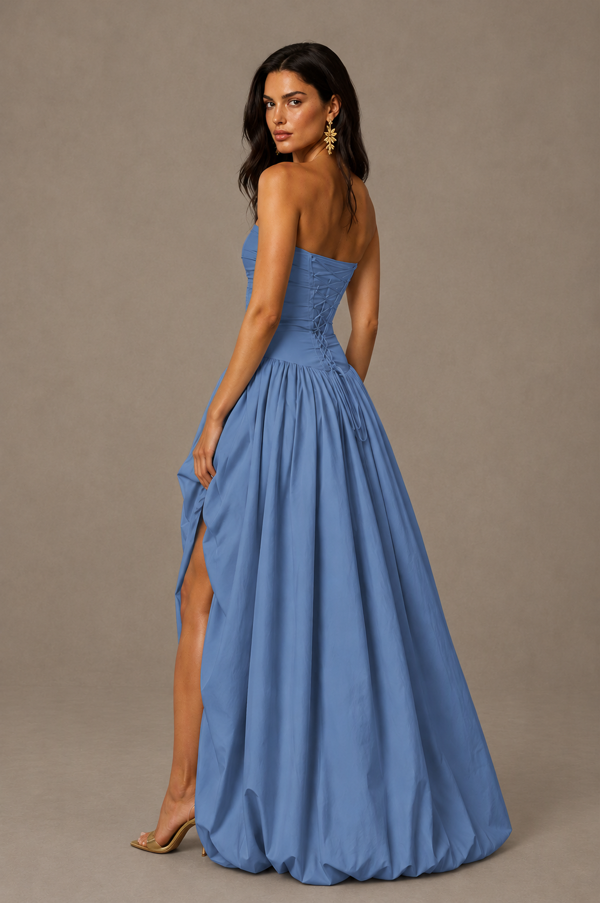 BOLODOO Dusty Blue Strapless Ruched Corset Lace-Up Back Bubble Skirt High Slit Taffeta Maxi Dress - Dusty Blue