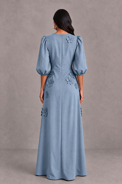 BOLODOO Dusty Blue Floral Applique Puff Sleeve A-Line Evening Dress - Dusty Blue - Dusty Blue (2)
