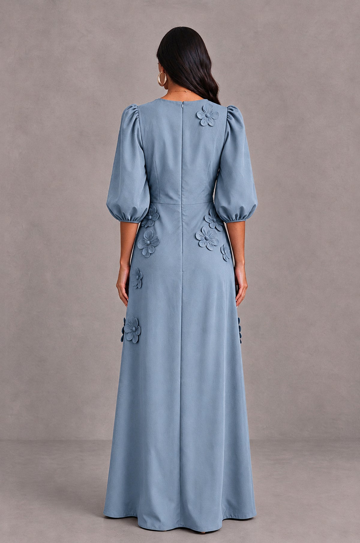 BOLODOO Dusty Blue Floral Applique Puff Sleeve A-Line Evening Dress - Dusty Blue - Dusty Blue (2)