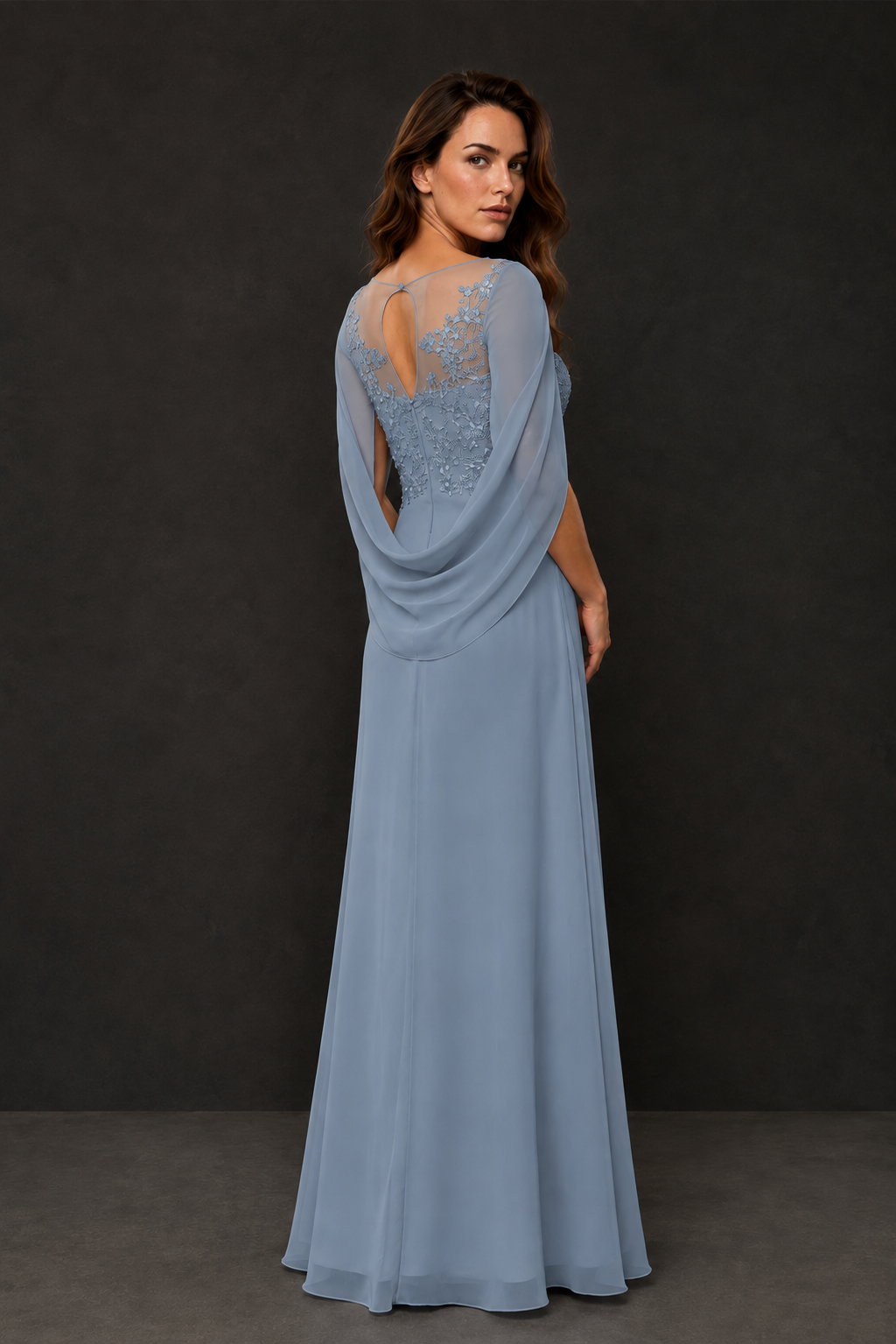 BOLODOO Dusty Blue Illusion Lace One-Side Cape Sleeve Beaded Chiffon Floor Length Gown | Mother of the Bride Evening Dress - Dusty Blue