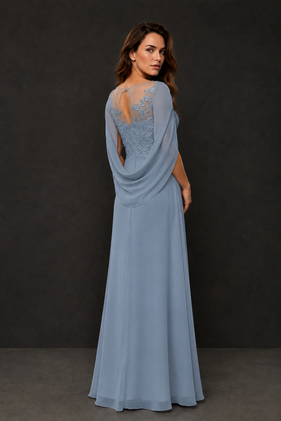 BOLODOO Dusty Blue Illusion Lace One-Side Cape Sleeve Beaded Chiffon Floor Length Gown | Mother of the Bride Evening Dress - Dusty Blue