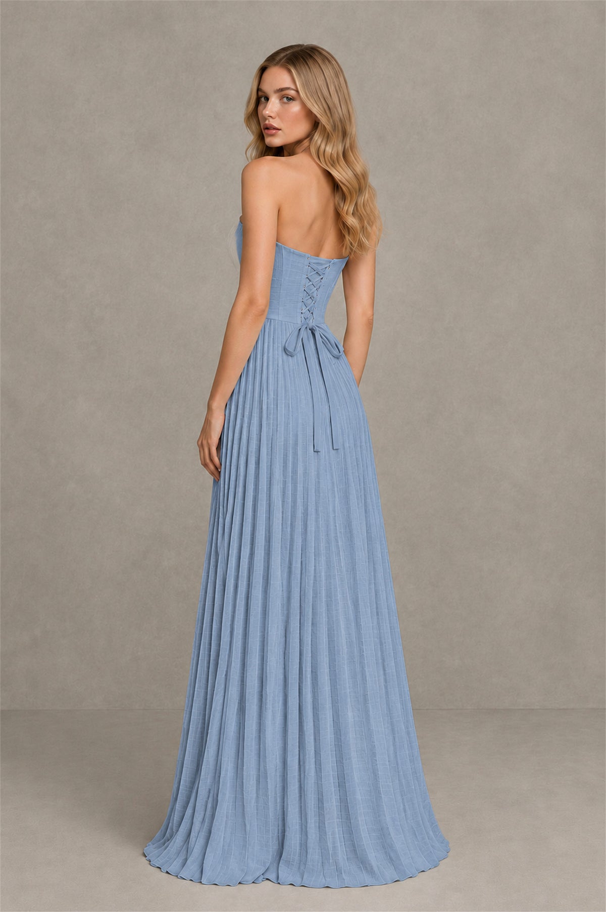 BOLODOO Dusty Blue Strapless Sunburst Pleated Twisted Knot Lace-Up Back Accordion Pleated Chiffon Maxi Dress - Dusty Blue