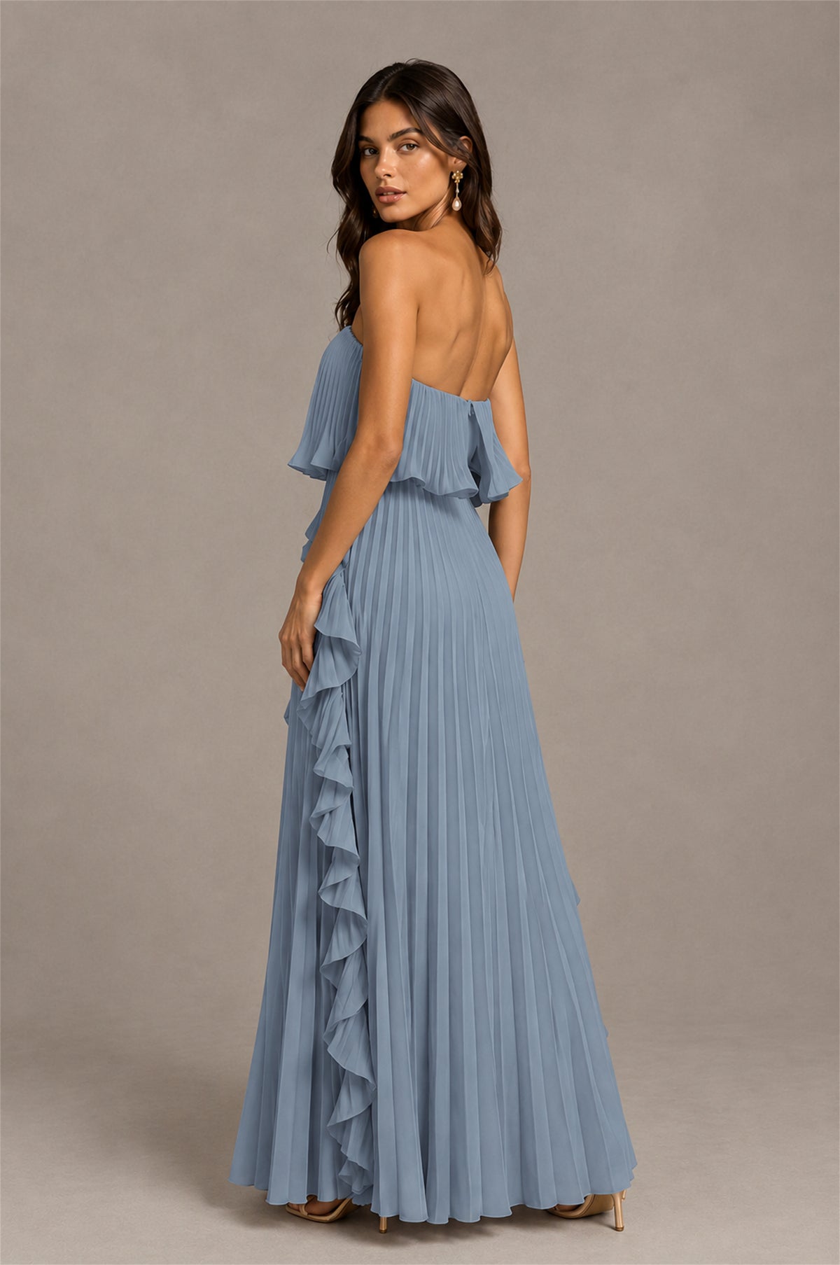 BOLODOO Dusty Blue Strapless Ruffle Bodice Dual Cascading Ruffle Accordion Pleated Chiffon Maxi Dress - Dusty Blue