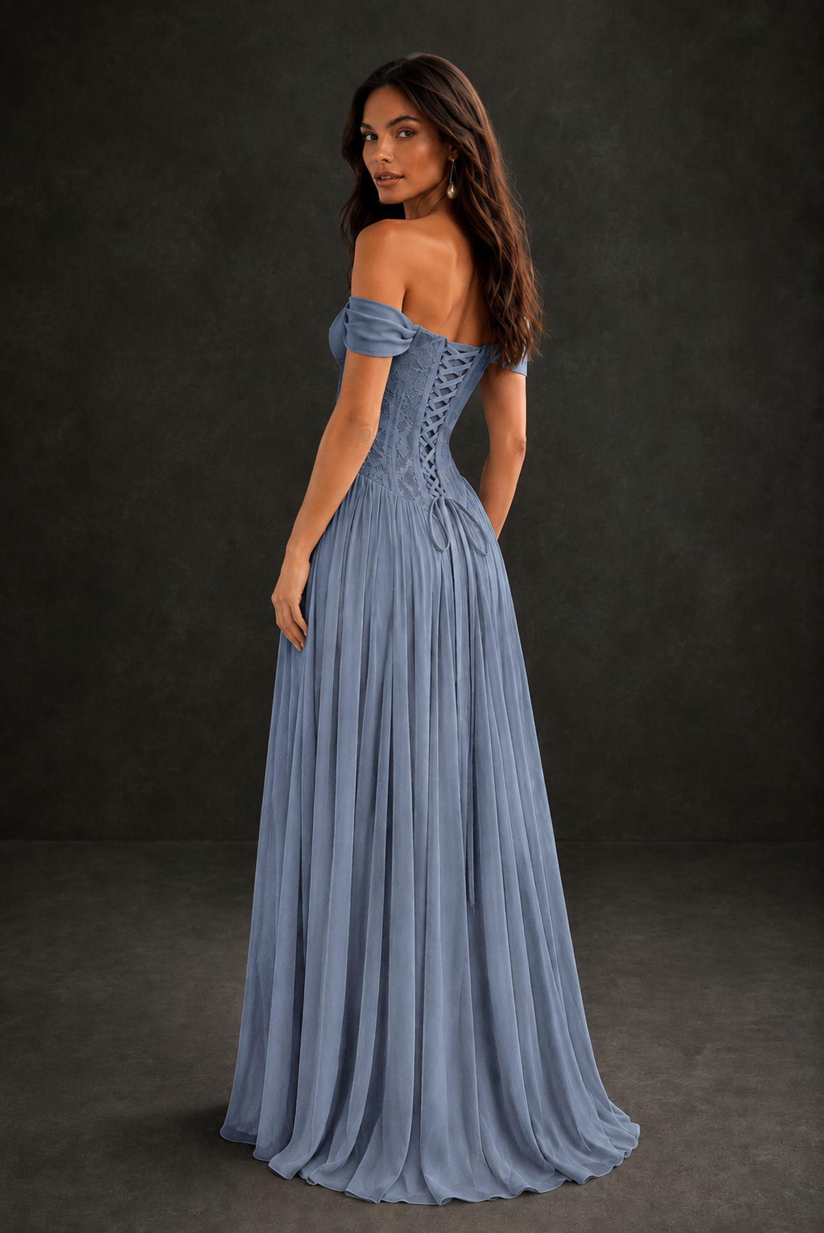 BOLODOO Dusty Blue Off-Shoulder Lace Corset Tulle Maxi Dress - Dusty Blue