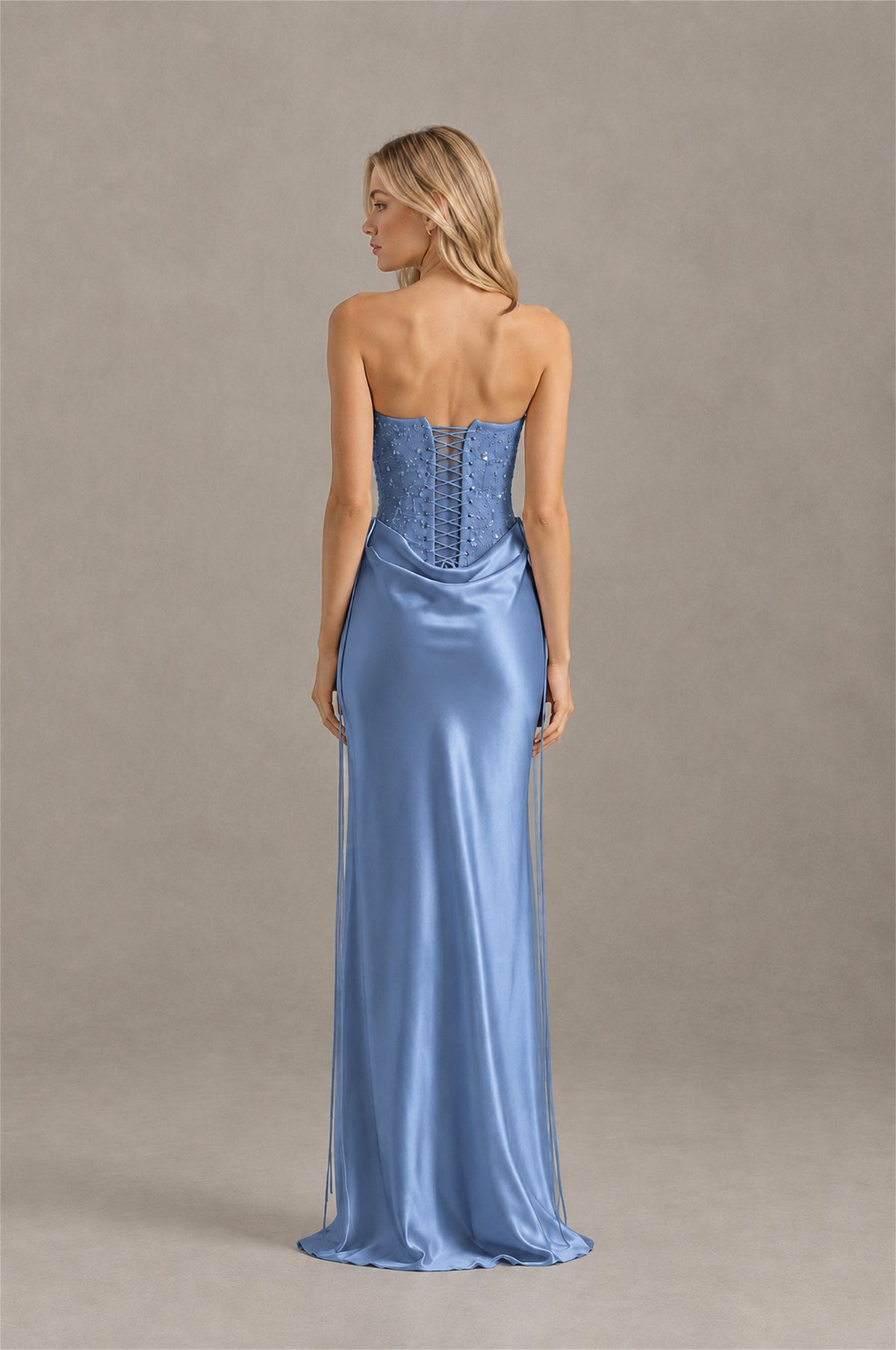 BOLODOO Dusty Blue Strapless Embellished Corset Satin-Look Maxi Dress - Dusty Blue