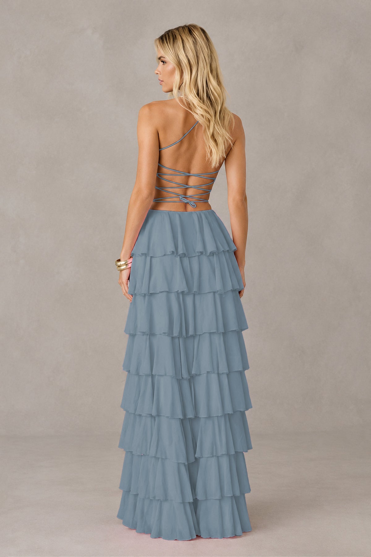 BOLODOO Dusty Blue Strapless Tiered Ruffle Maxi Dress with Slit & Lace-Up Back - Dusty Blue