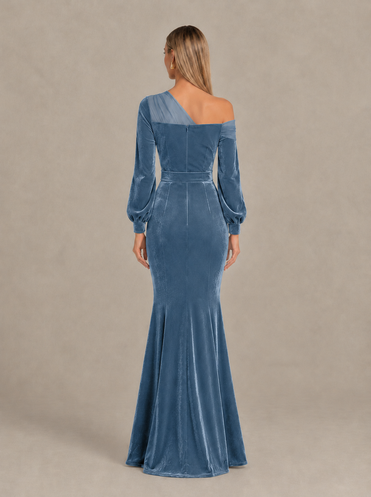 BOLODOO Dusty Blue Velvet Mermaid Evening Dress with Long Sleeves - Dusty Blue - Dusty Blue (2)