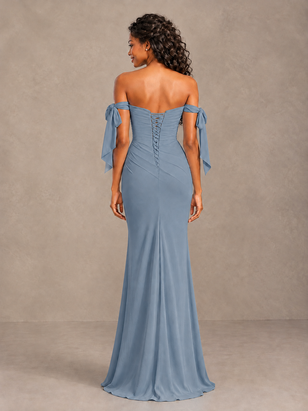 Dusty Blue Off-Shoulder Bow Bridesmaid Dress with Slit - Dusty Blue - Dusty Blue (2)