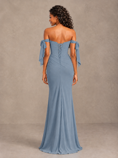 Dusty Blue Off-Shoulder Bow Bridesmaid Dress with Slit - Dusty Blue - Dusty Blue (2)