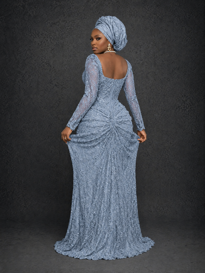 BOLODOO Dusty Blue Beaded Lace Long Sleeve Mermaid Gown Sweetheart | Mother of the Bride - Dusty Blue