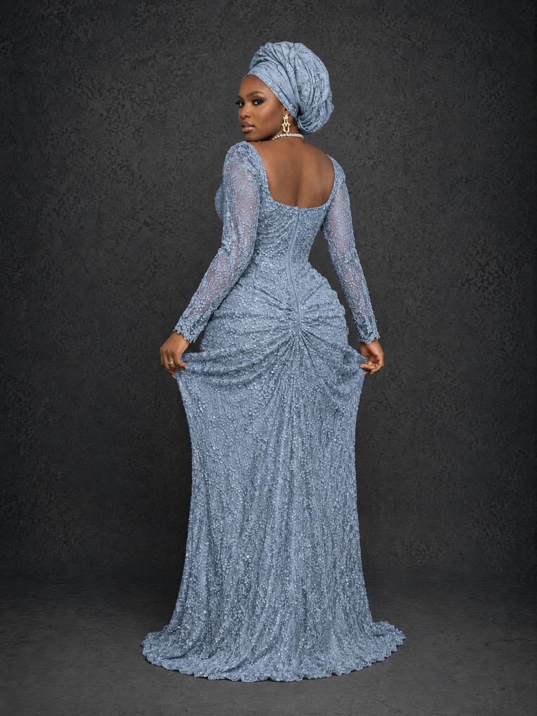 BOLODOO Dusty Blue Beaded Lace Long Sleeve Mermaid Gown Sweetheart | Mother of the Bride - Dusty Blue