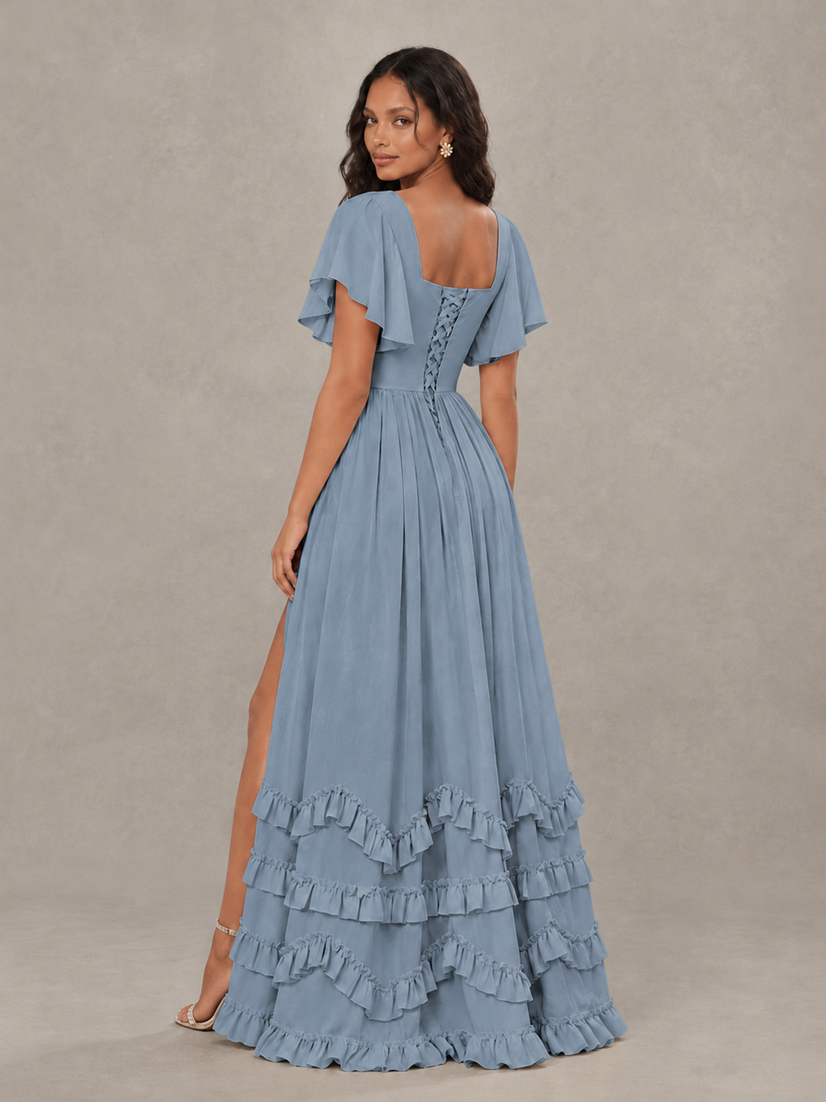 BOLODOO Dusty Blue V-Neck Flutter Sleeve Ruffle Bridesmaid Dress with Slit - Dusty Blue - Dusty Blue (2)