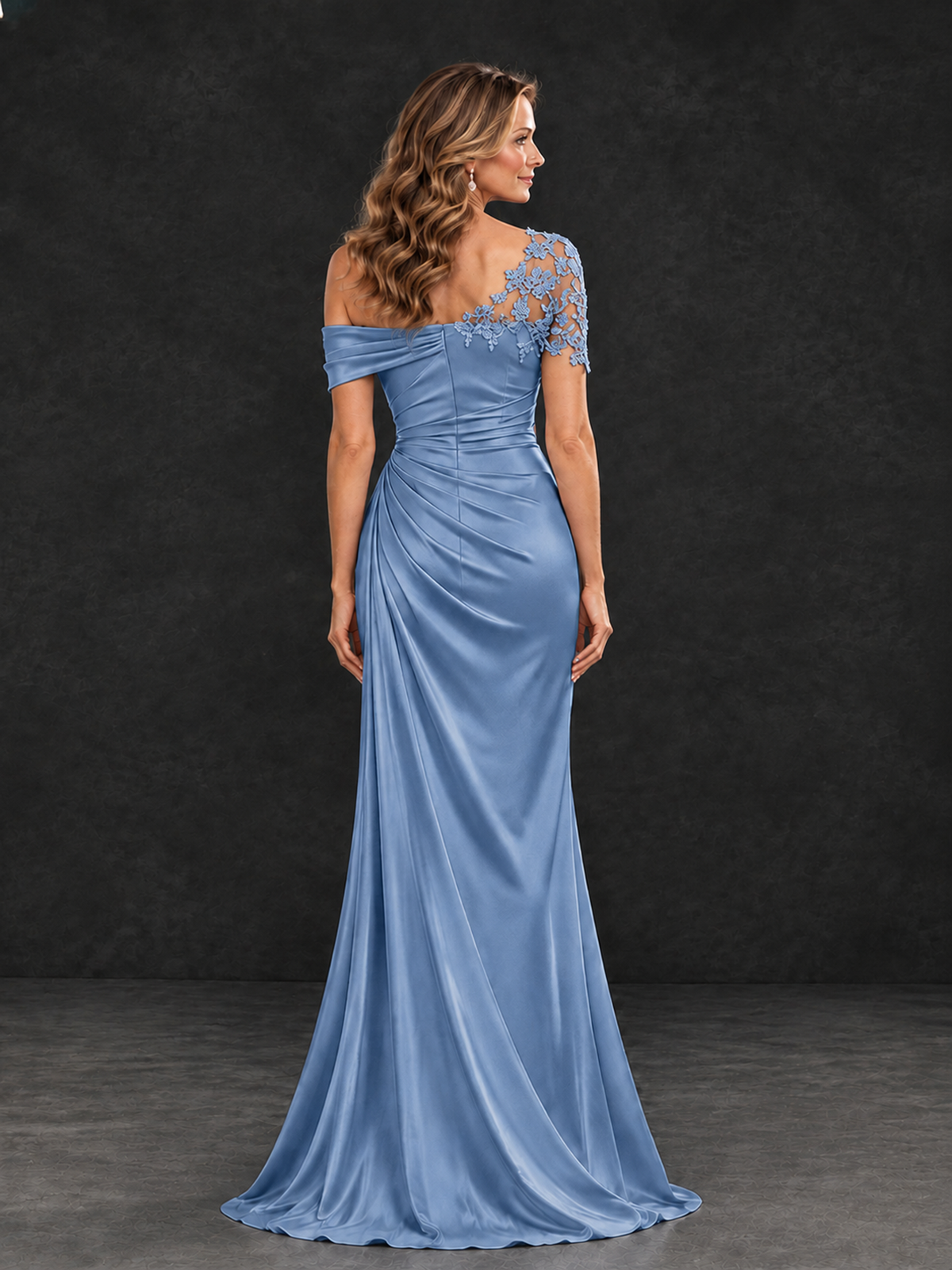 BOLODOO Dusty Blue Asymmetric Satin Mother of the Bride Dress with Lace Sleeve - Dusty Blue - Dusty Blue (2)