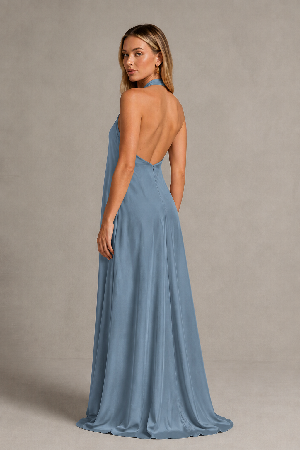 BOLODOO Dusty Blue Backless Halter Satin Bridesmaid Dress - Dusty Blue
