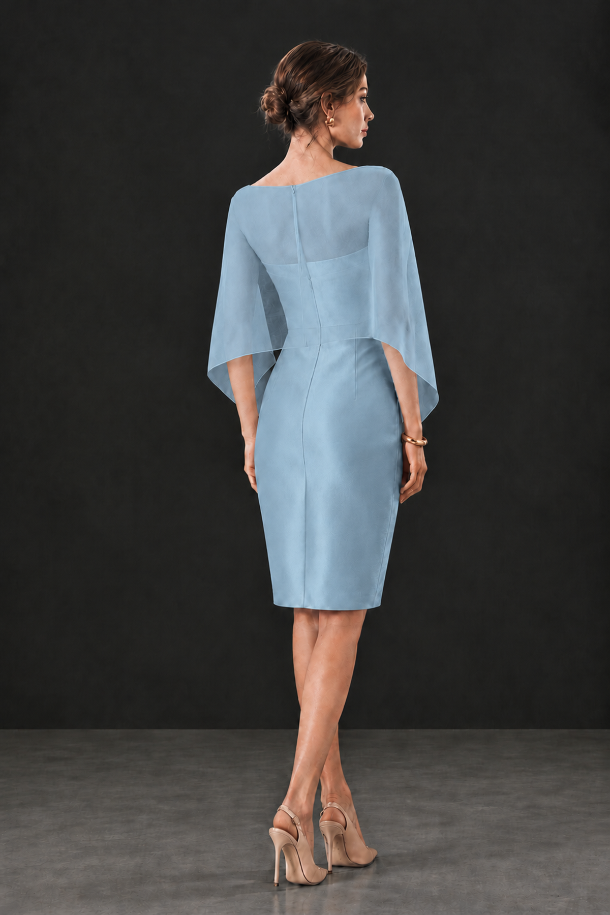 BOLODOO Dusty Blue Cape Knee-Length Mother of the Bride Dress - Dusty Blue - Dusty Blue (2)