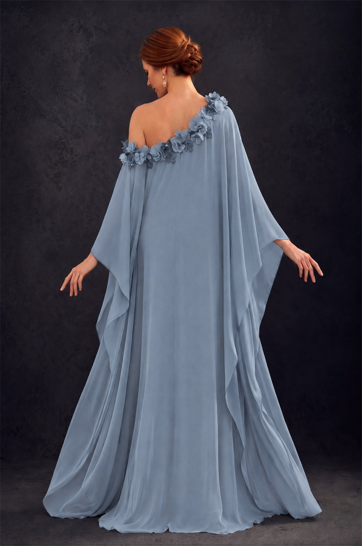 BOLODOO Dusty Blue 2-Piece Set: Off-Shoulder 3D Floral Cape Gown & One-Shoulder Wide-Leg Jumpsuit | BD0373 - Dusty Blue
