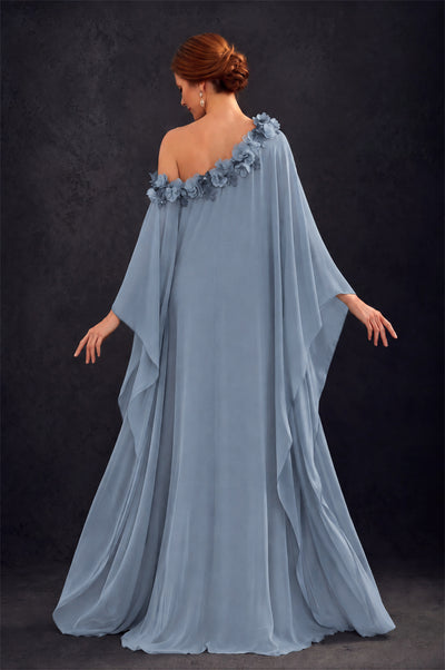 BOLODOO Dusty Blue 2-Piece Set: Off-Shoulder 3D Floral Cape Gown & One-Shoulder Wide-Leg Jumpsuit | BD0373 - Dusty Blue