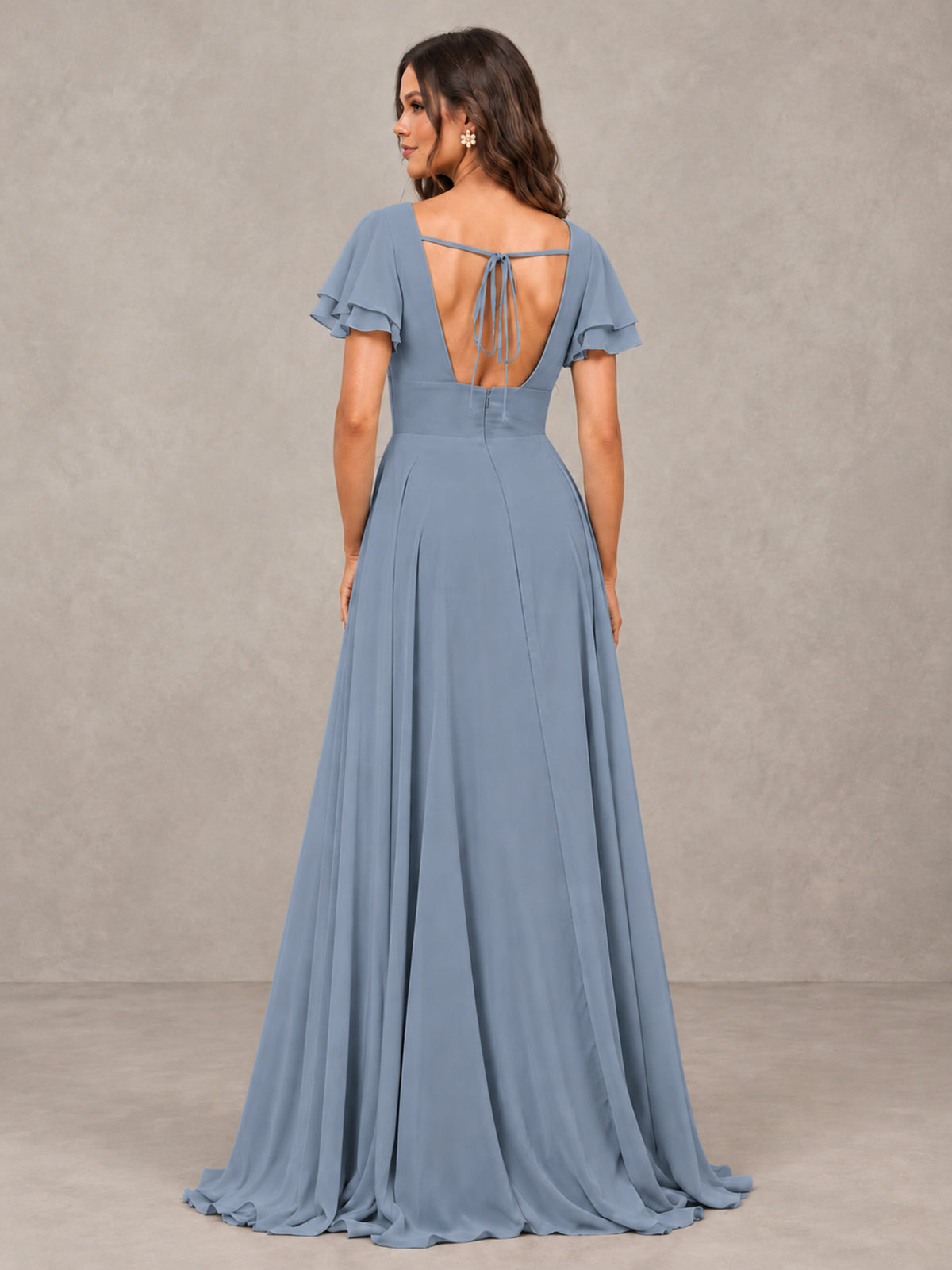 BOLODOO Dusty Blue Flutter Sleeve Chiffon A-Line Maxi Bridesmaid Dress with Open Back & Slit - Dusty Blue - Dusty Blue (2)
