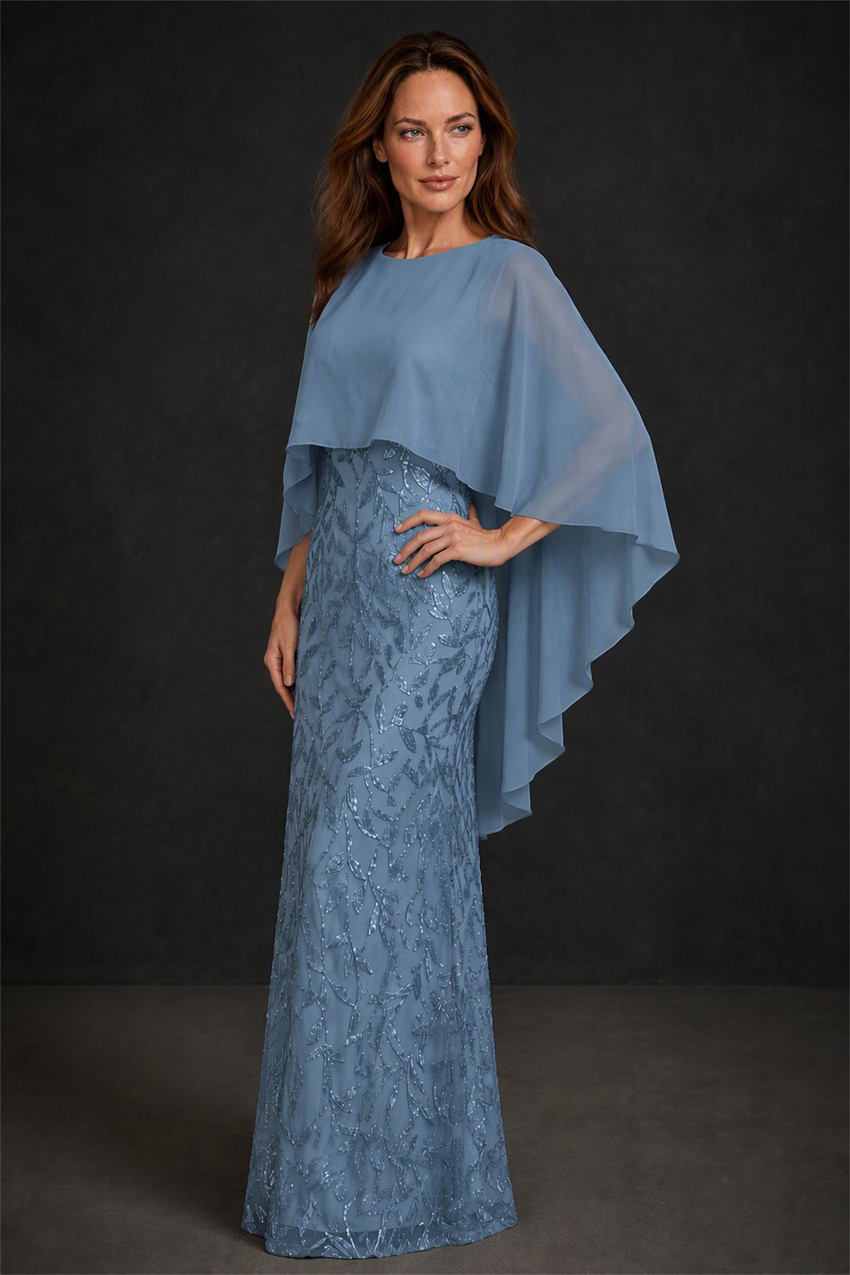 BOLODOO Dusty Blue Round Neck Chiffon Cape Overlay Sequin Lace Mermaid Maxi Dress - Dusty Blue
