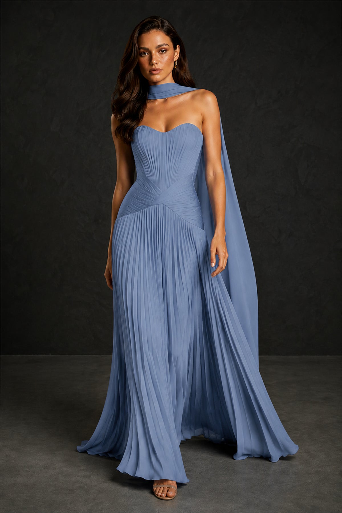 BOLODOO Dusty Blue Sweetheart Strapless Neck Scarf Pleated Backless A-Line Chiffon Maxi Dress - Dusty Blue