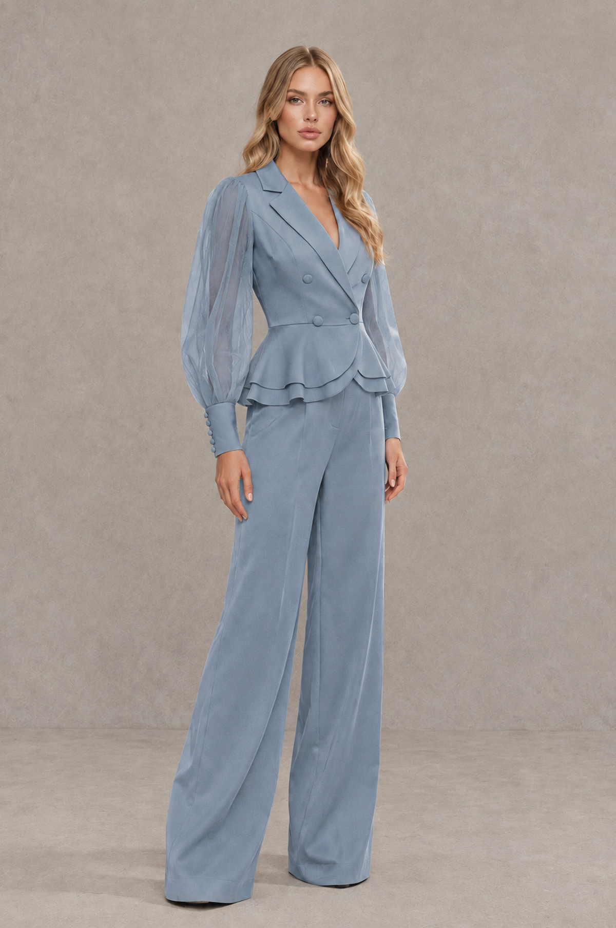 BOLODOO Mint Dusty Blue Peplum Blazer Wide-Leg Pantsuit with Sheer Puff Sleeves - Dusty Blue