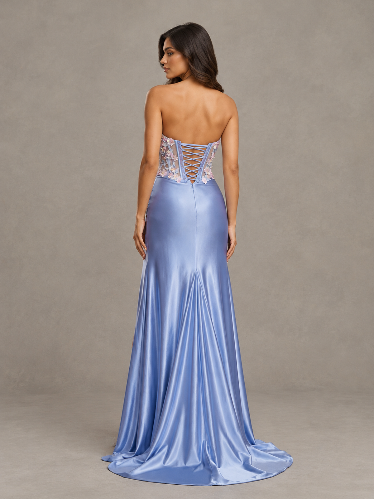 Dusty Blue Strapless Floral Applique Prom Dress with High Slit - Dusty Blue - Dusty Blue (3)