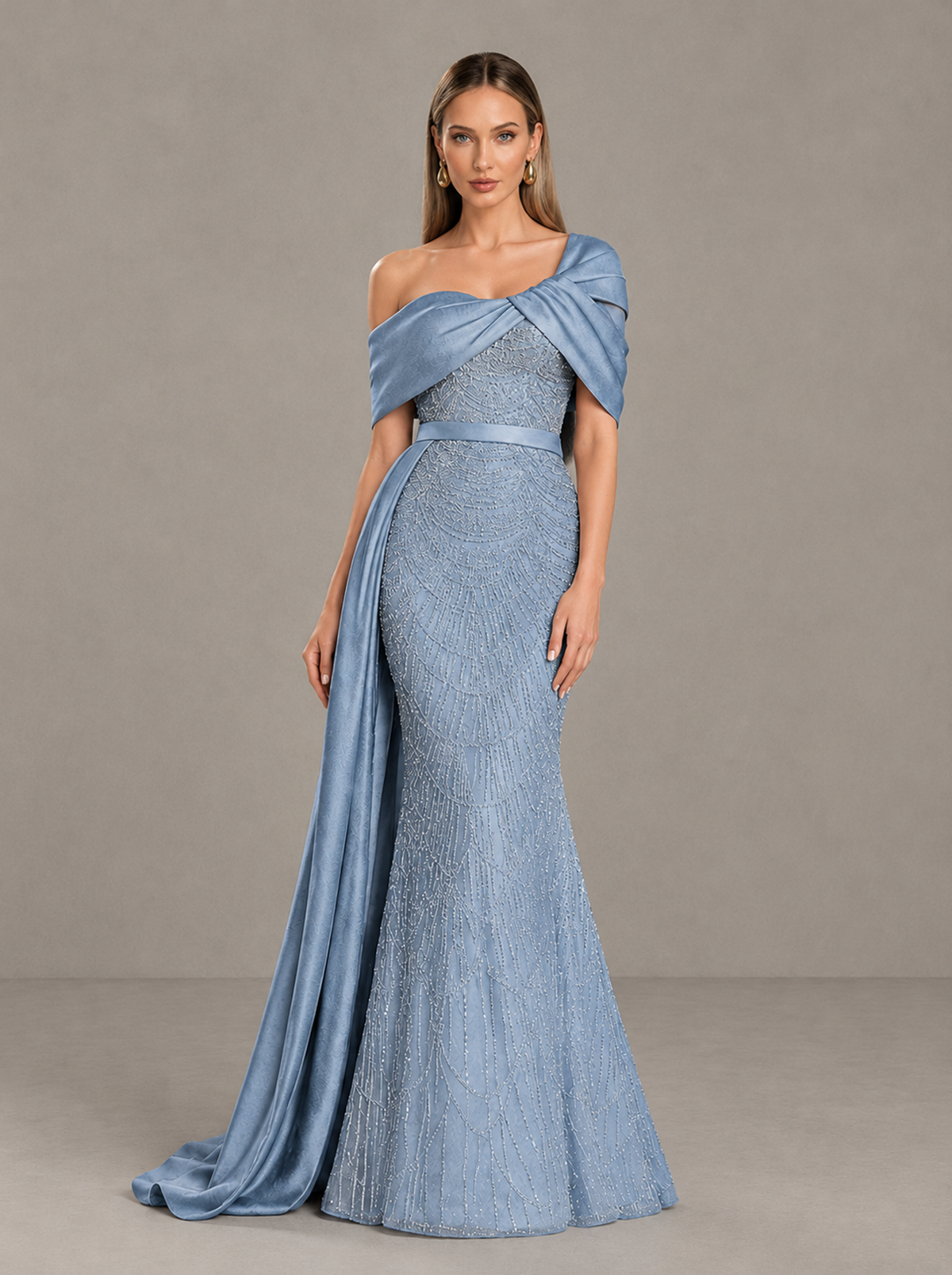 BOLODOO Dusty Blue Asymmetric Draped Mermaid Evening Gown with Train - Dusty Blue - Dusty Blue (3)