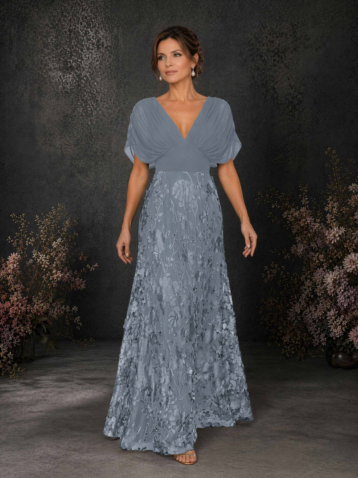 BOLODOO Dusty Blue & Dusty Blue Chiffon V-Neck Flutter Sleeve Floral Embroidered A-Line Gown BD0414 - Dusty Blue