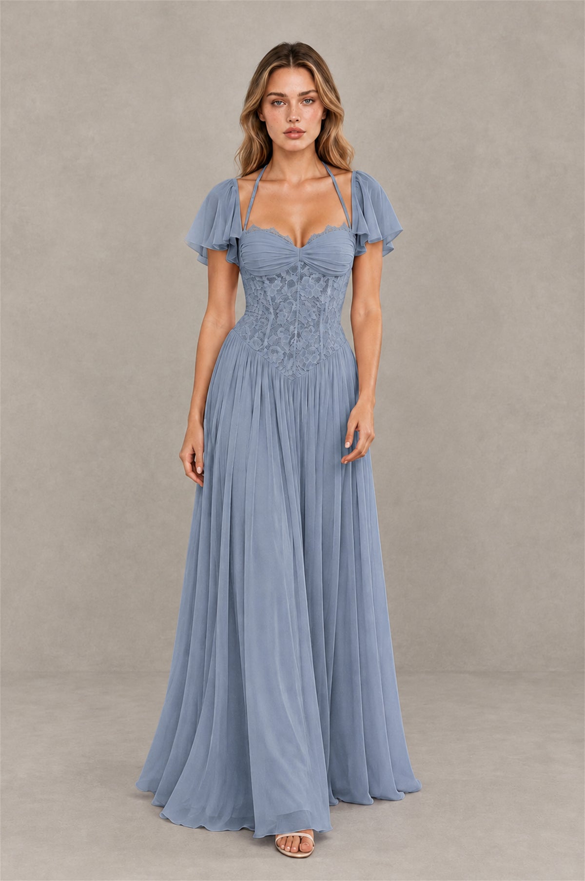 BOLODOO Dusty Blue Flutter Sleeve Lace Corset A-Line Maxi Dress - Dusty Blue - Dusty Blue (3)