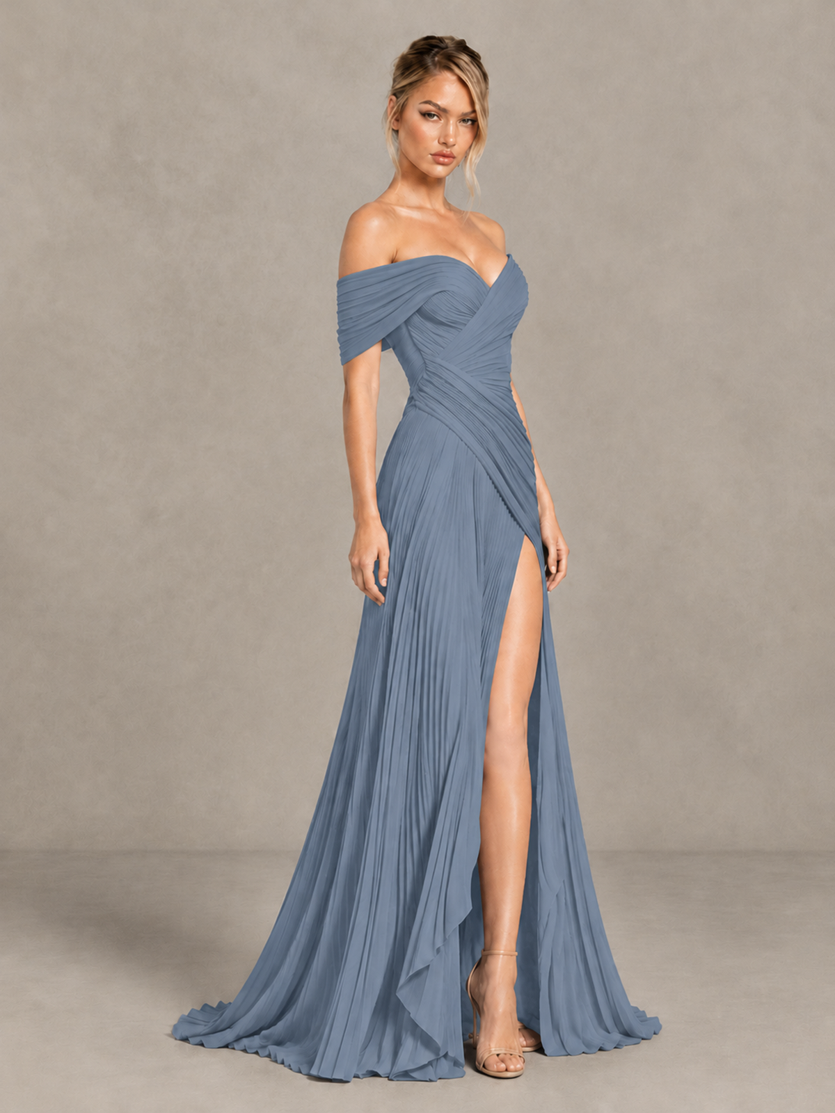 BOLODOO Dusty Blue Off-Shoulder Ruched Pleated Maxi Dress with High Slit - Dusty Blue - Dusty Blue (3)
