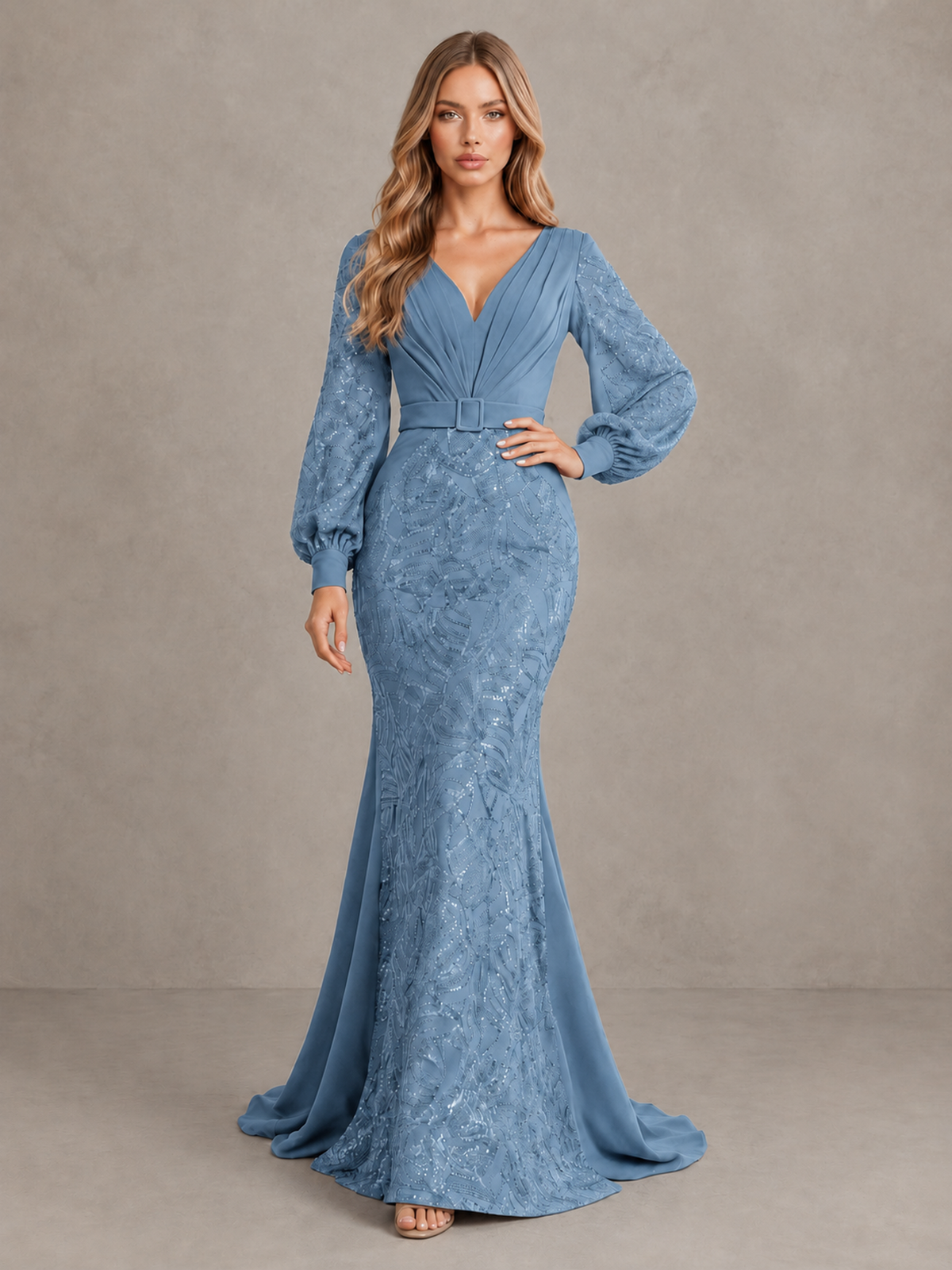 BOLODOO Dusty Blue Sequin Long Bishop Sleeve Mermaid Evening Dress - Dusty Blue - Dusty Blue (3)