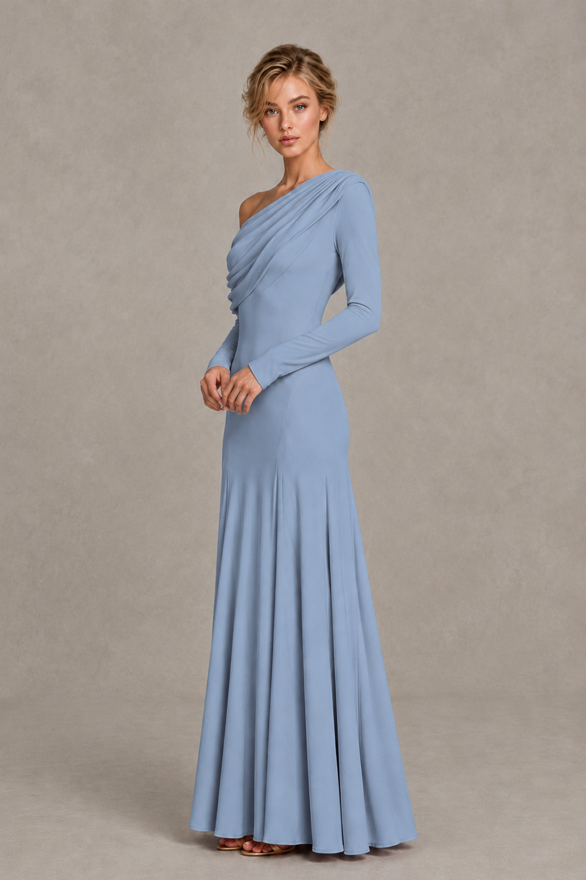 BOLODOO Dusty Blue Asymmetric Draped Long Sleeve Evening Gown - Dusty Blue