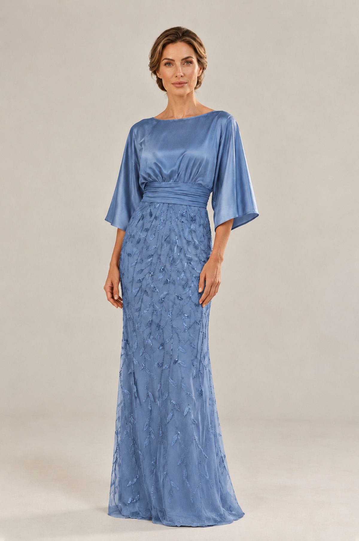 BOLODOO Dusty Blue Mother of the Bride Dress with Kimono Sleeves, Satin Bodice & Sequin Embroidered Mermaid Floor-Length Gown - Dusty Blue - Dusty Blue (3)