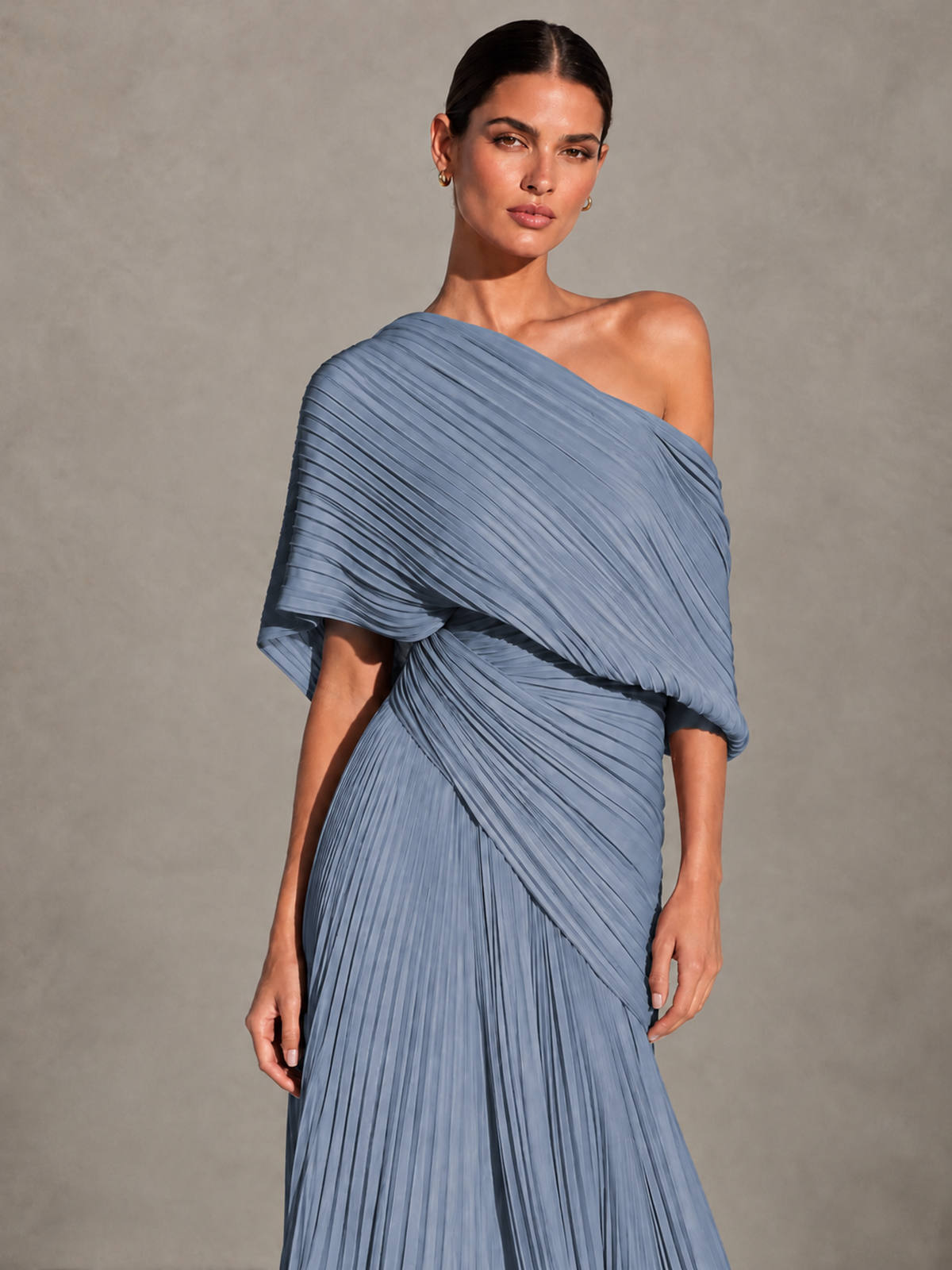 BOLODOO Dusty Blue One-Shoulder Pleated Cape Evening Gown with Train - Dusty Blue - Dusty Blue (3)