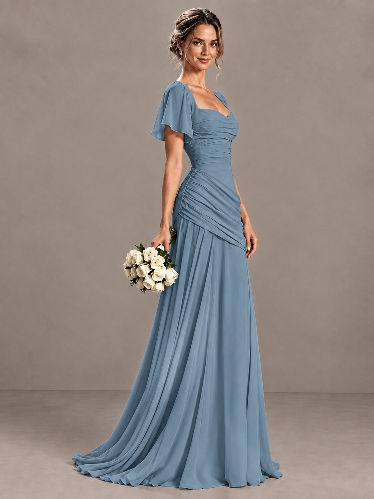 BOLODOO Dusty Blue Flutter Sleeve Lace-Up Back Maxi Dress - Dusty Blue
