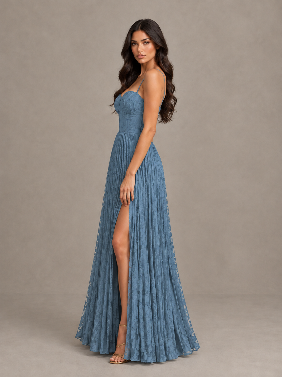BOLODOO Dusty Blue Pleated Bridesmaid Dress with Sweetheart Neckline & Slit - Dusty Blue - Dusty Blue (3)
