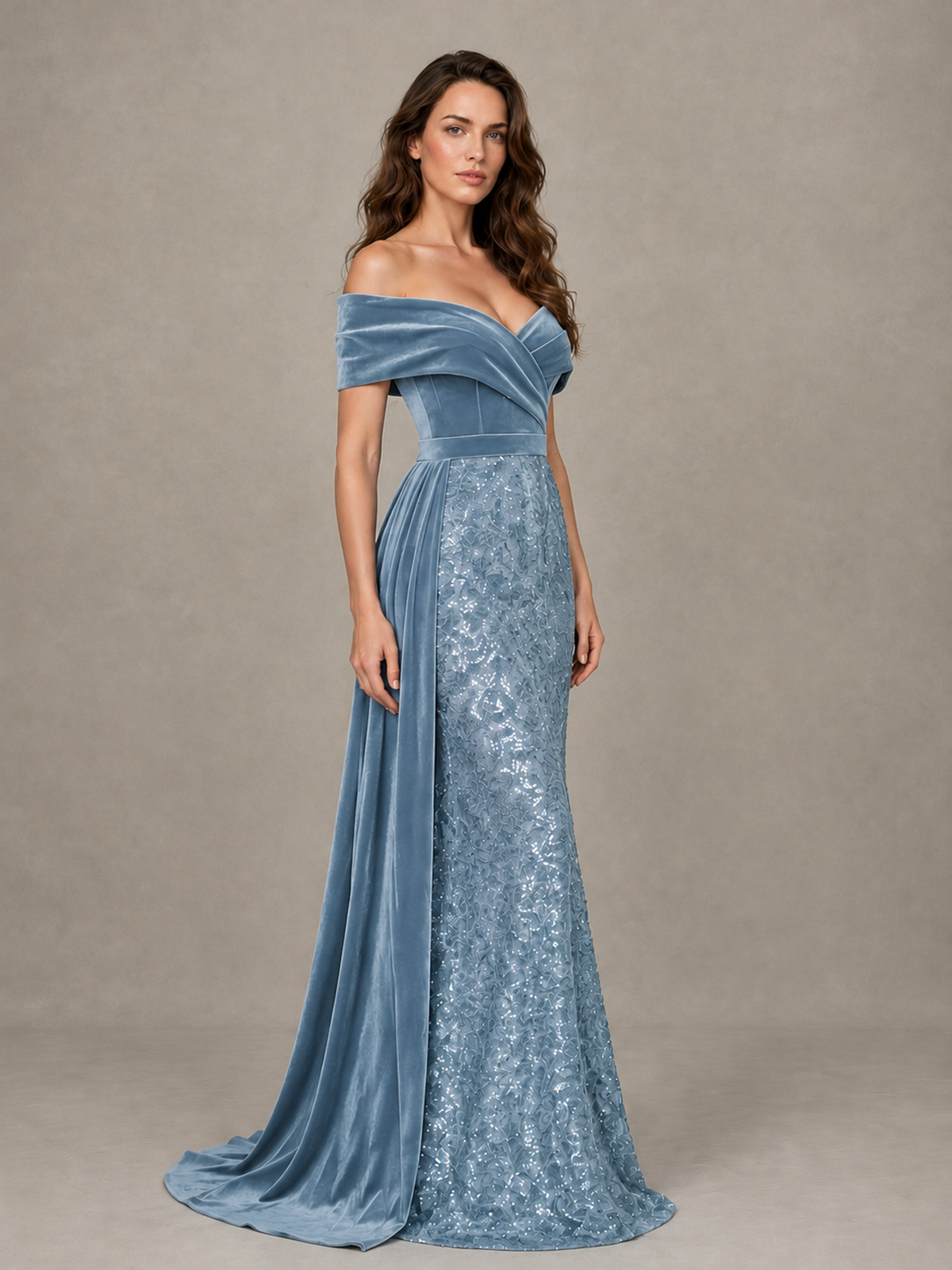 BOLODOO Dusty Blue Off-Shoulder Velvet & Sequin Evening Gown with Side Train - Dusty Blue - Dusty Blue (3)
