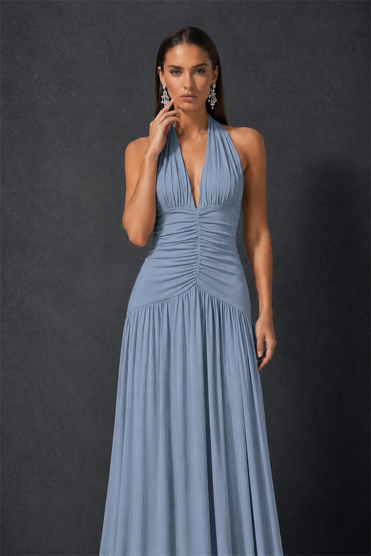 BOLODOO Dusty Blue Halter Deep V-Neck Ruched Chiffon Open Back Maxi Dress with Draped Neck Tie - Dusty Blue