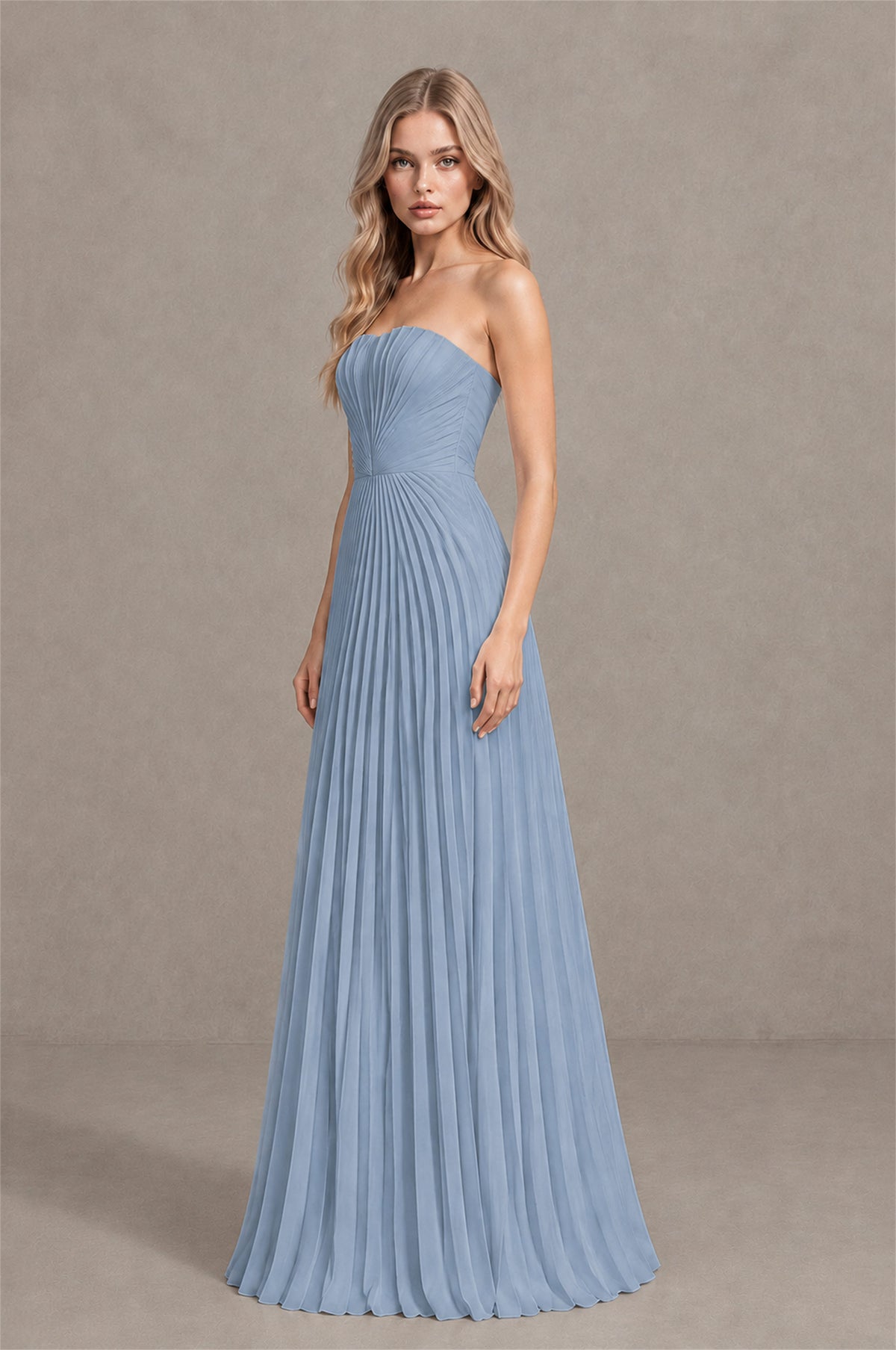BOLODOO Dusty Blue Strapless Sunburst Pleated Twisted Knot Lace-Up Back Accordion Pleated Chiffon Maxi Dress - Dusty Blue
