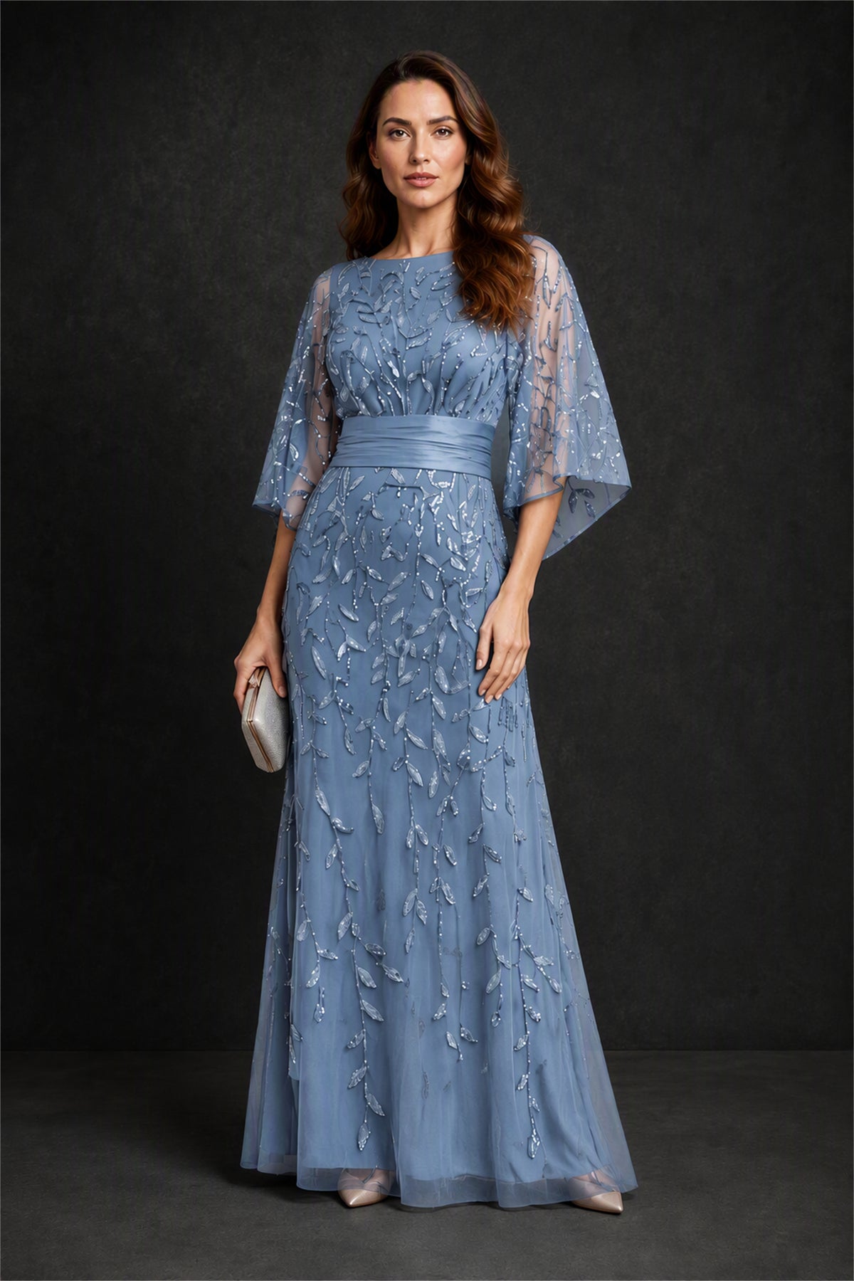 BOLODOO Dusty Blue Bateau Neck Bell Sleeve Sequin Embroidered Satin Waist A-Line Maxi Dress - Dusty Blue